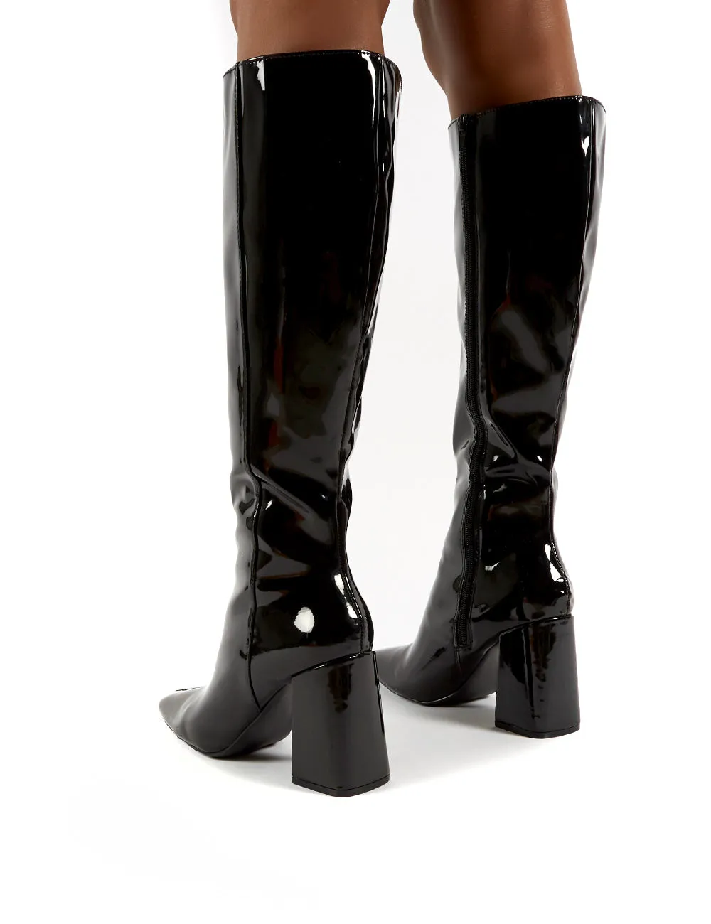 Apology Black Patent Knee High Block Heel Boots