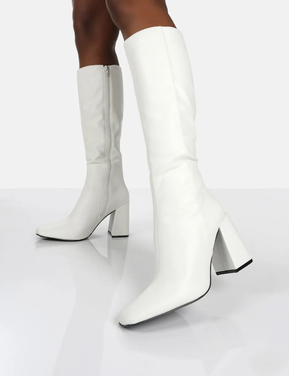 Apology White Pu Knee High Block Heel Boots