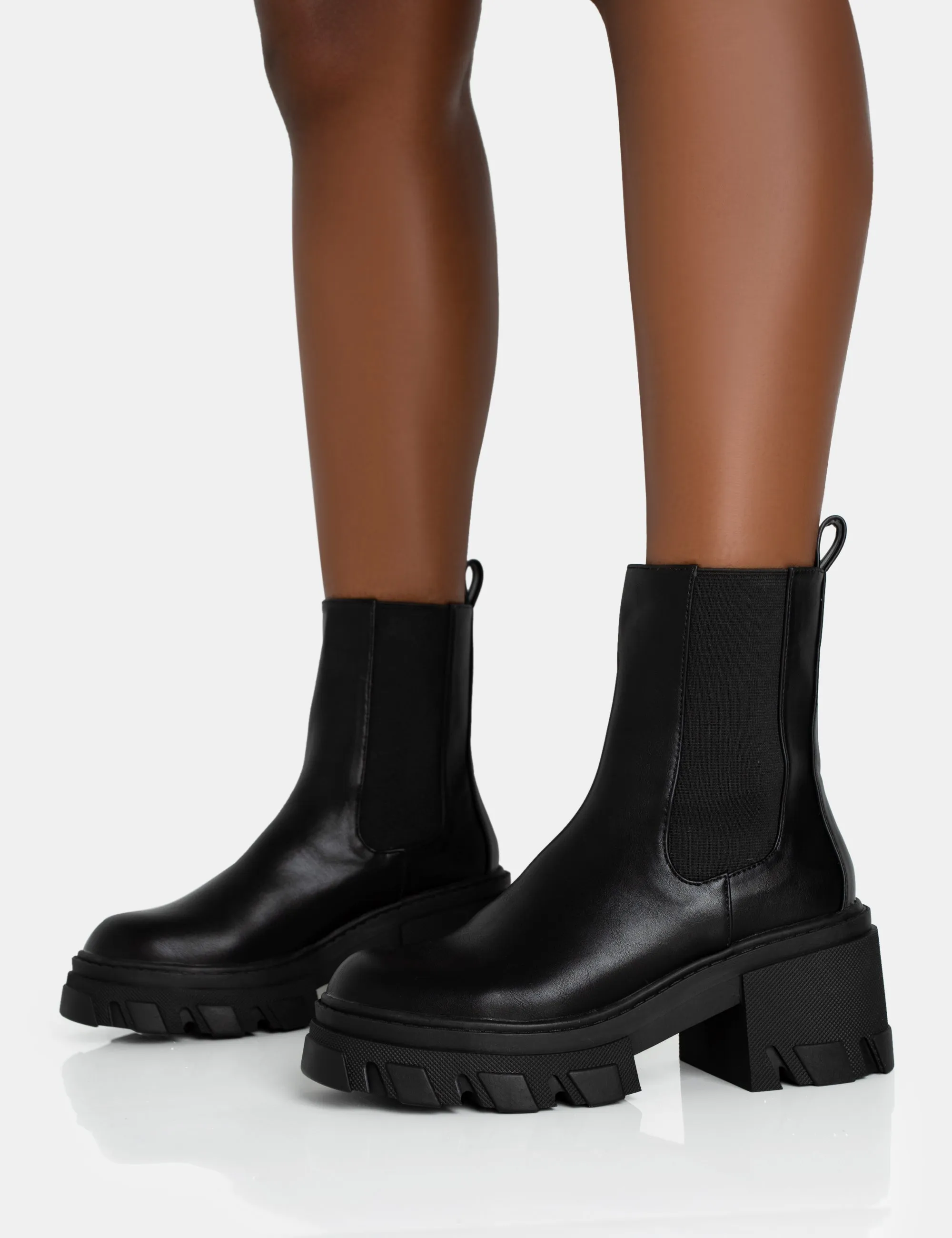 Astro Black Pu Elasticated Ankle Detail Chunky Sole Ankle Heeled Boots