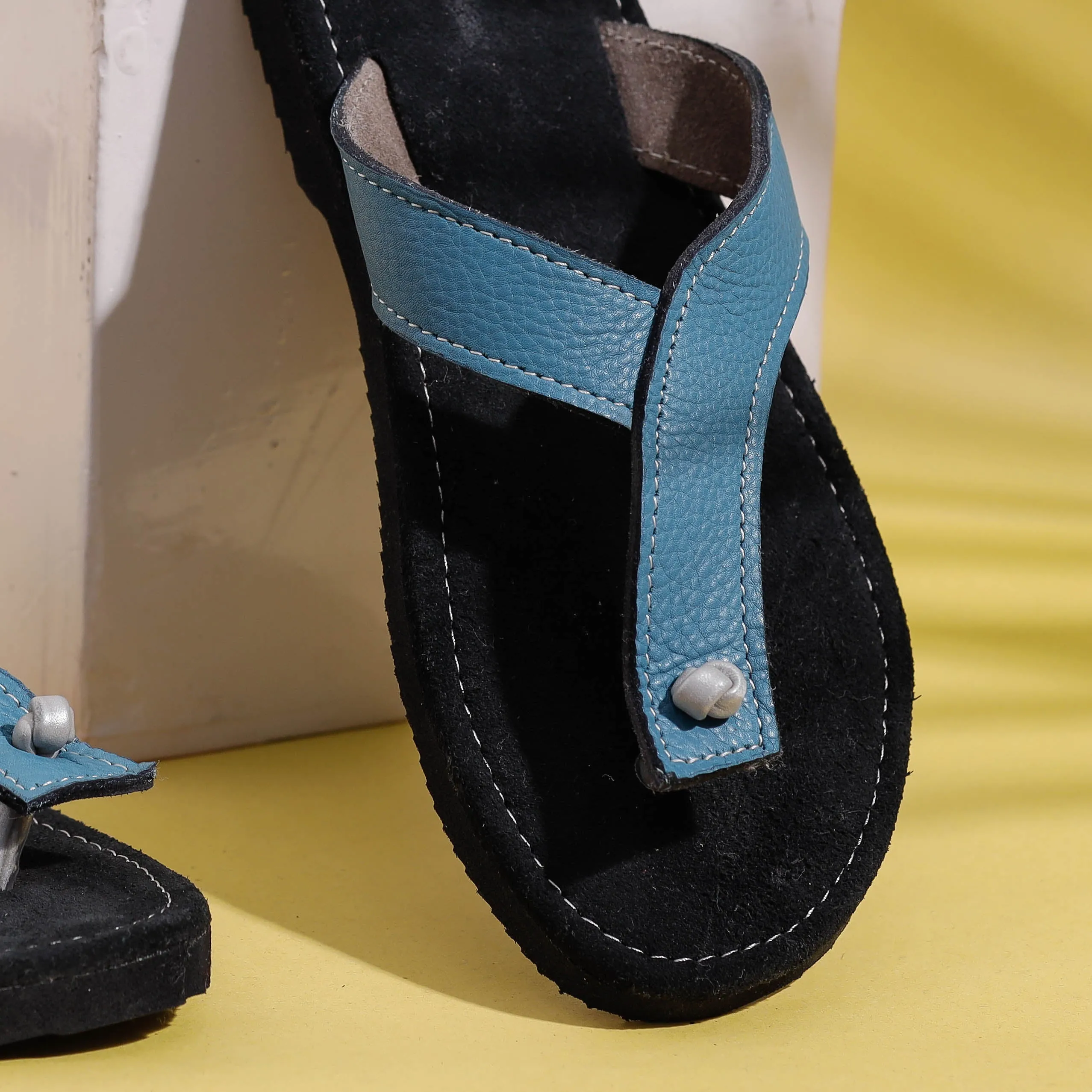 Black & Blue Handcrafted Women's Leather Slippers with Suede