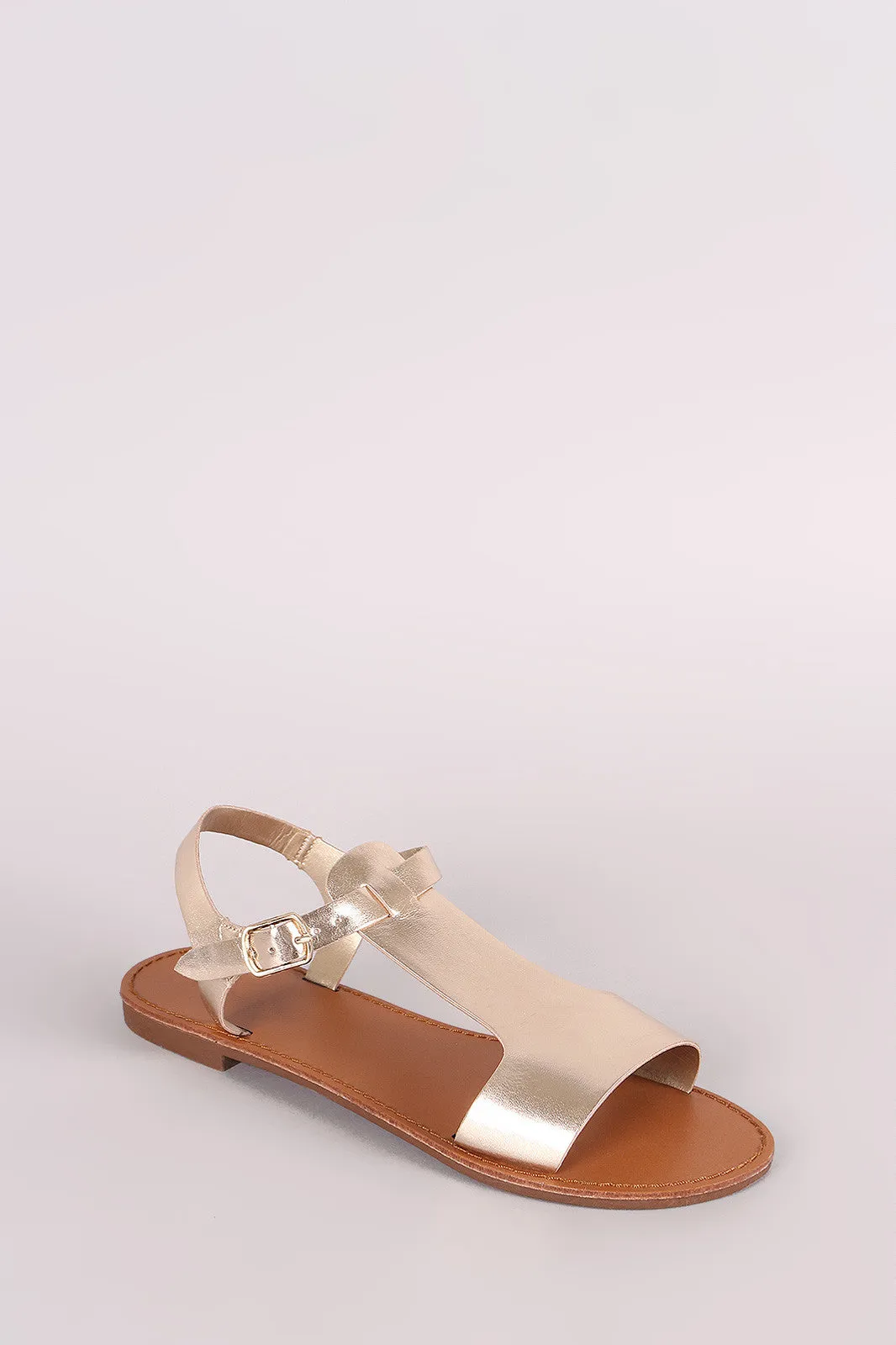 Breckelle Metallic T-Strap Open Toe Flat Sandal