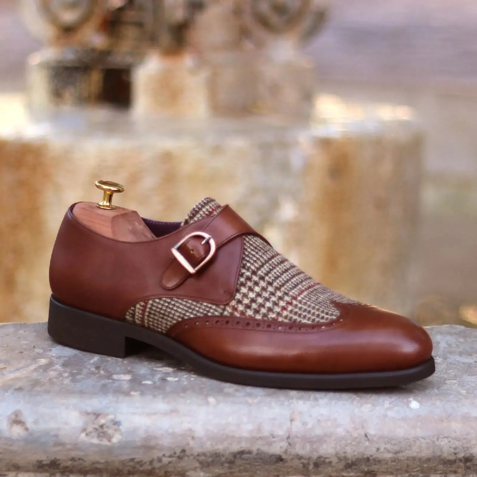 DapperFam Brenno in Tweed / Med Brown Men's Sartorial & Italian Leather Single Monk