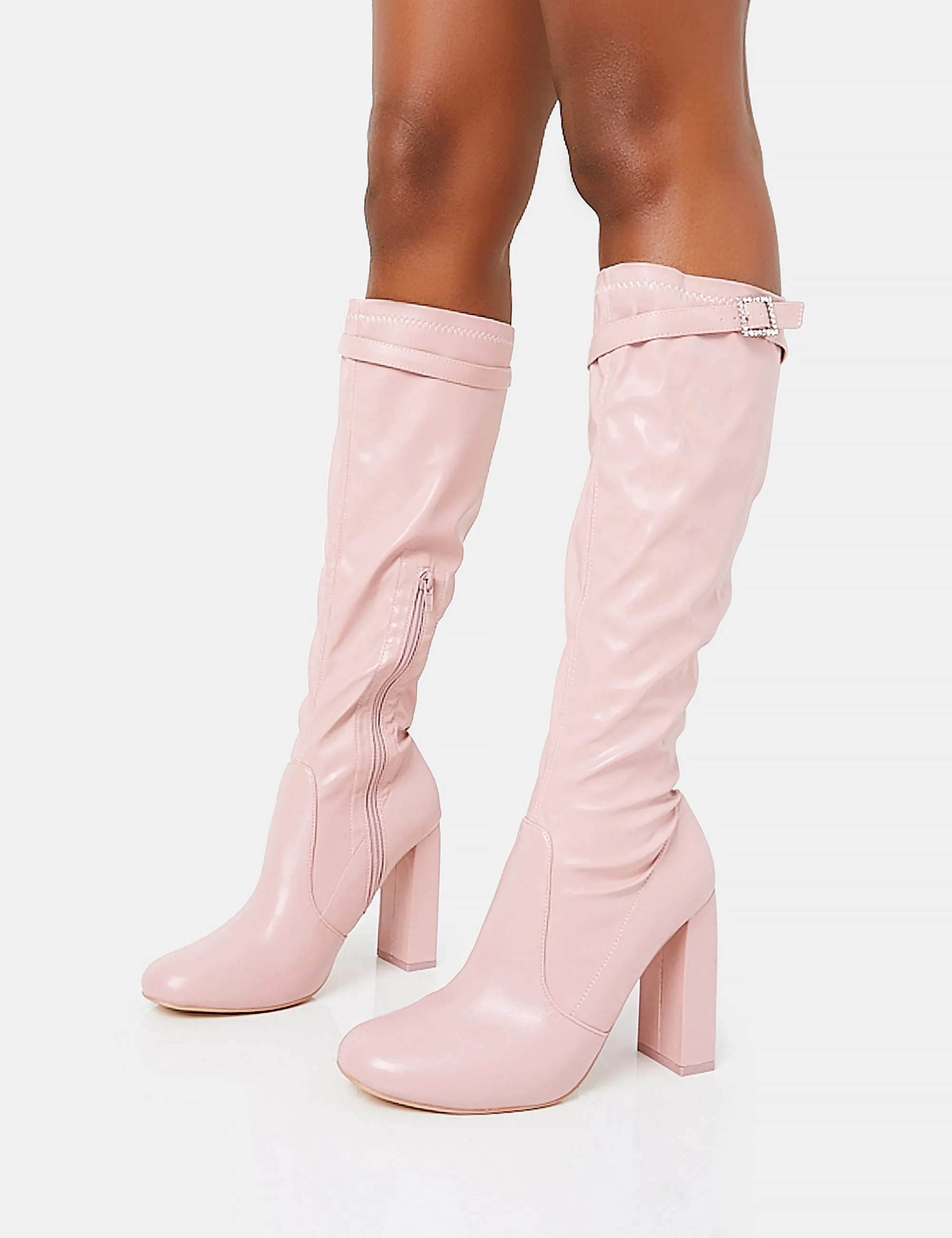 First Class Dusty Pink Buckle Strap Knee High Block Heeled Boots