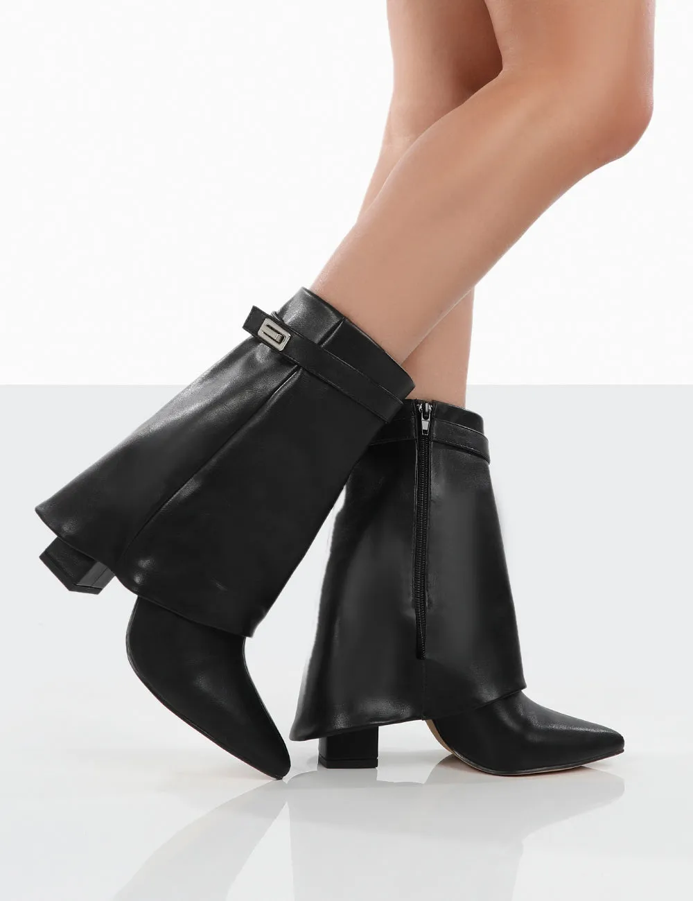 Fyre Wide Fit Black Pointed Toe Block Heeled Ankle Boots