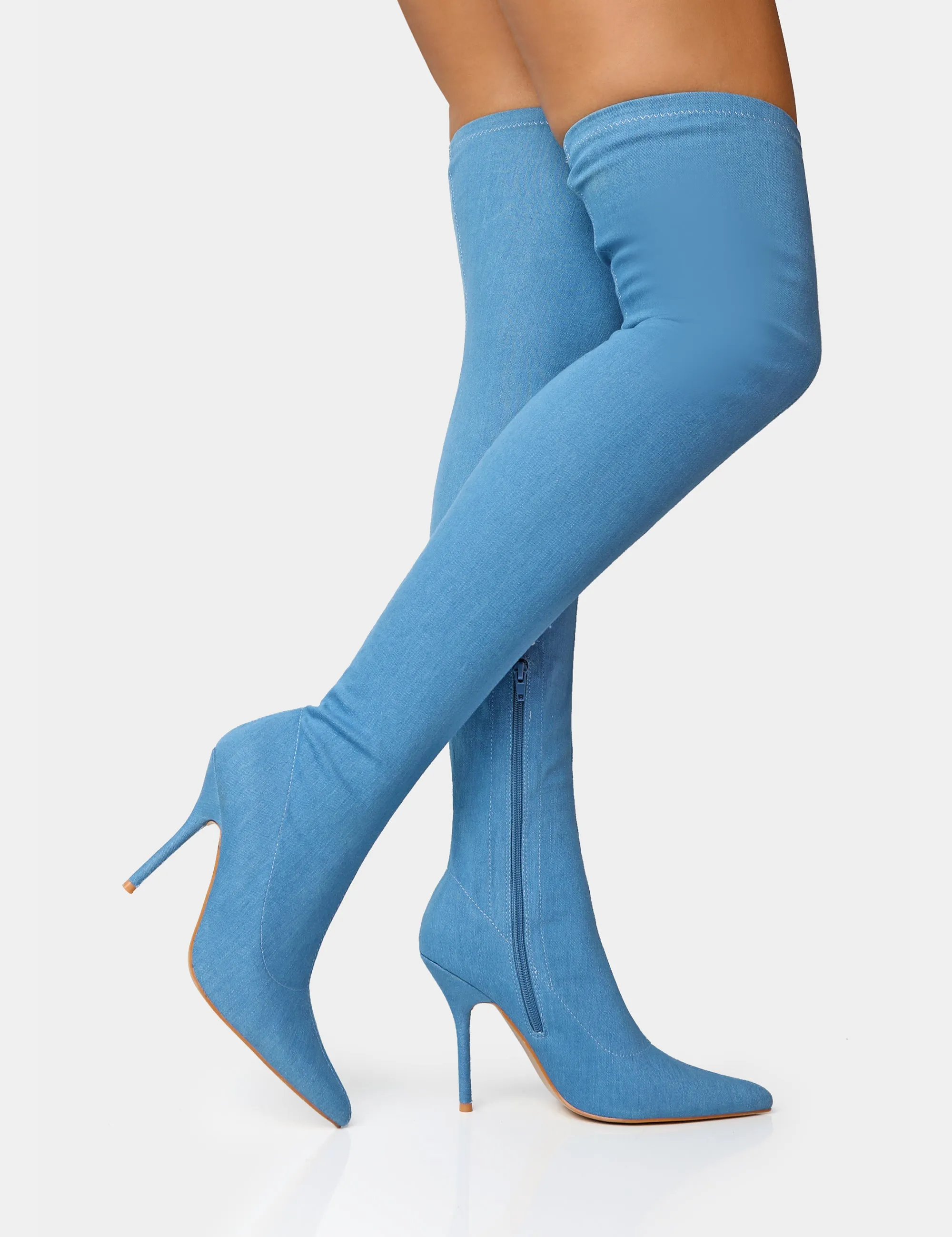 Jodie Blue Denim Seam Detail Pointed Toe Stiletto Over The Knee Boots