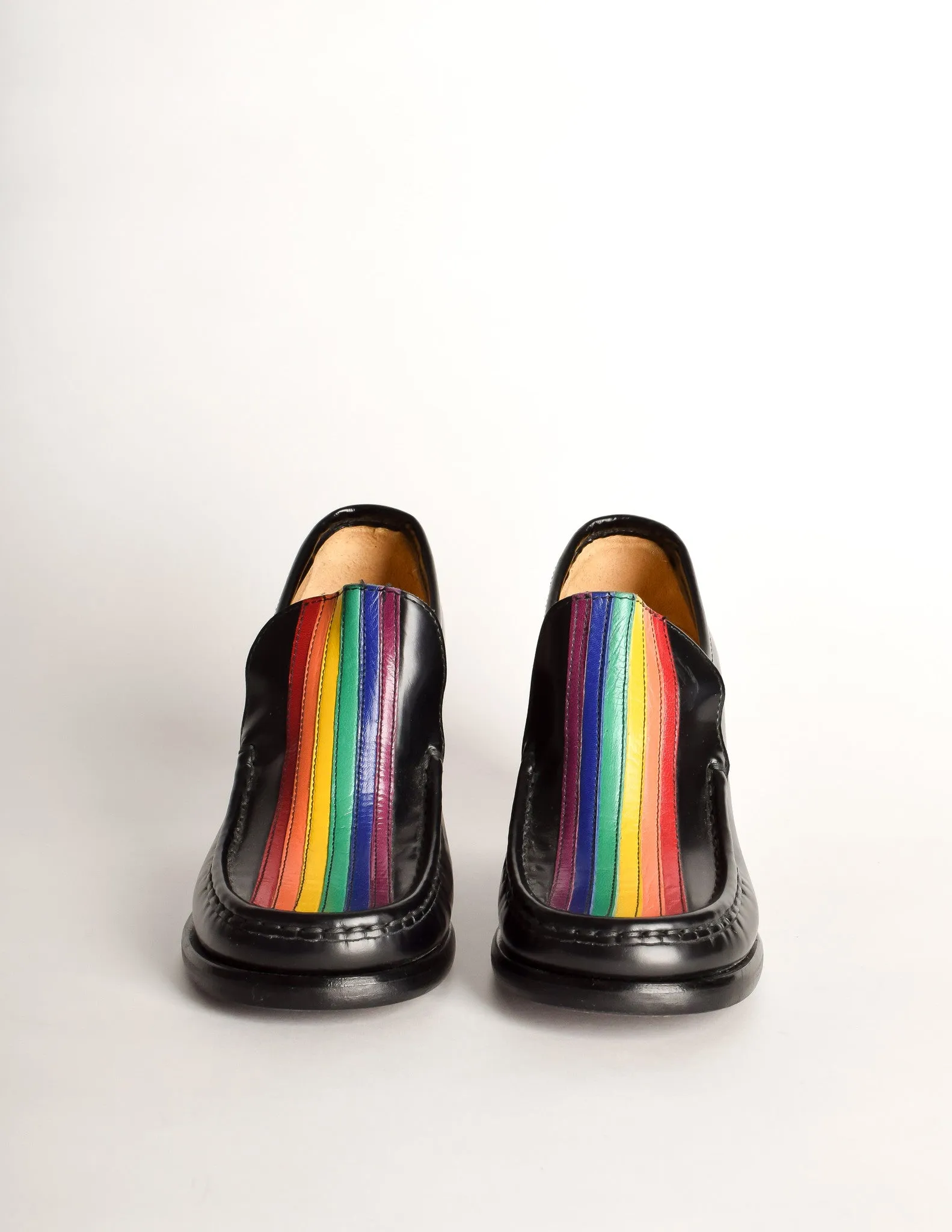 Patrick Cox Vintage Rainbow Stripe Black Leather Heeled Loafer Shoes