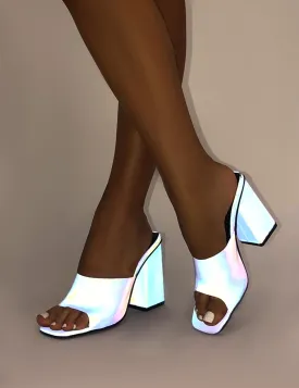 Pixel Blue Reflective Block Heeled Mules