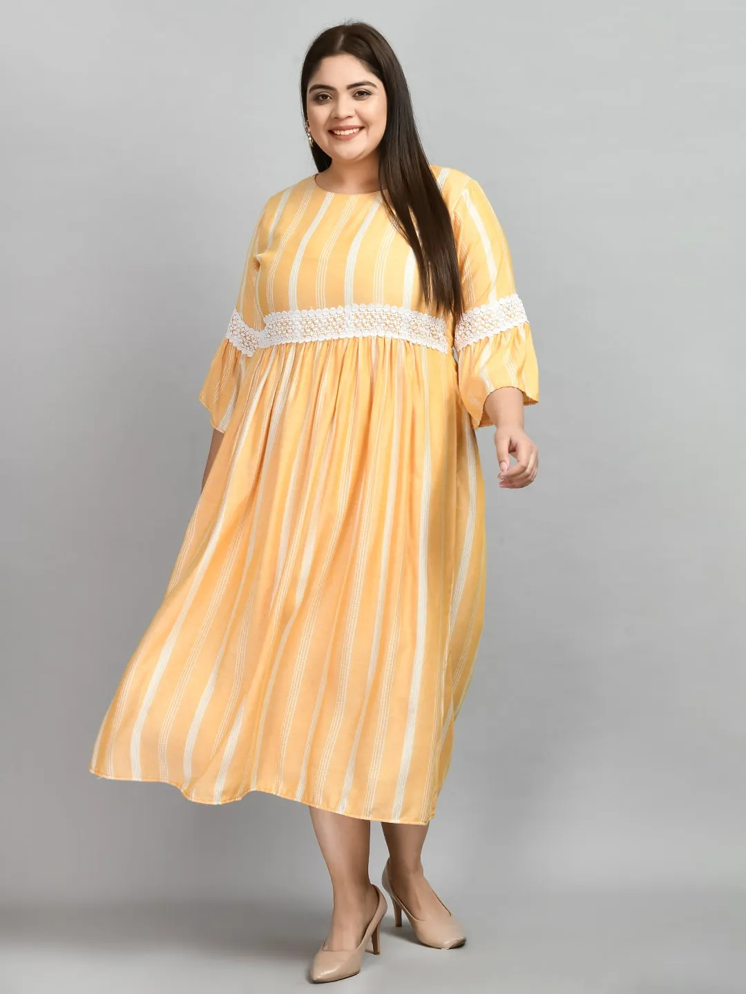 Plus Size Plus Size Yellow Striped Lace Dress