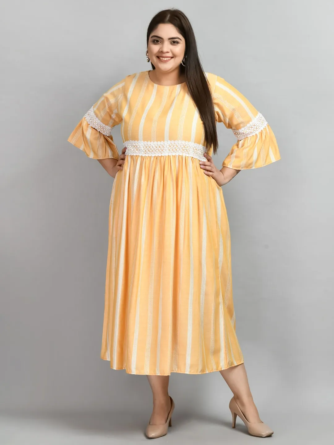 Plus Size Plus Size Yellow Striped Lace Dress