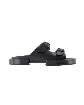 Pointed Toe Slip-on Sandals - Smooth Black Leather