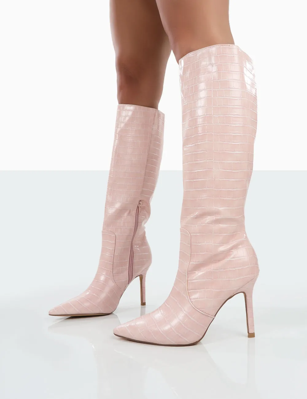 Rosalie Wide Fit Pink Croc Heeled Pointed Toe Knee High Boots