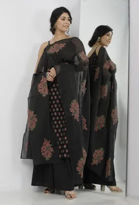 Set of 3: Kaani Black Floral Hand-Block Printed Cotton Slip with Plain Palazzo and Floral Hand-Block Printed Kota Dupatta