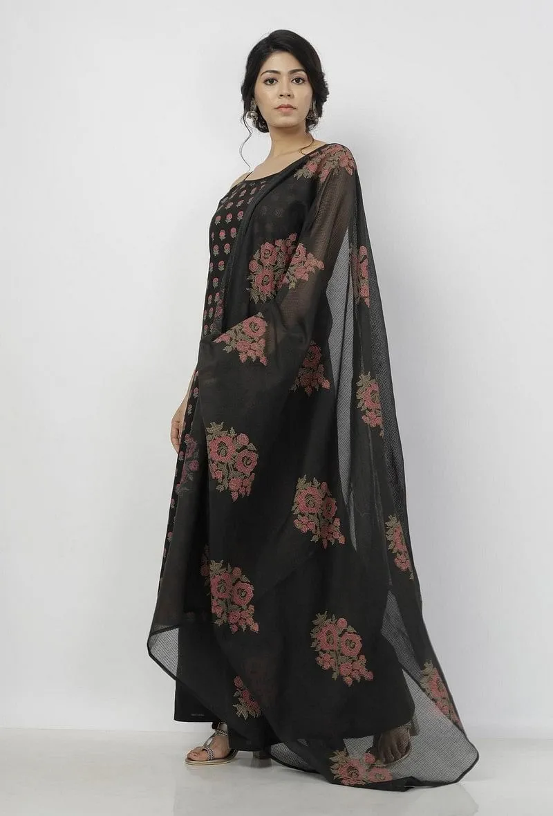 Set of 3: Kaani Black Floral Hand-Block Printed Cotton Slip with Plain Palazzo and Floral Hand-Block Printed Kota Dupatta