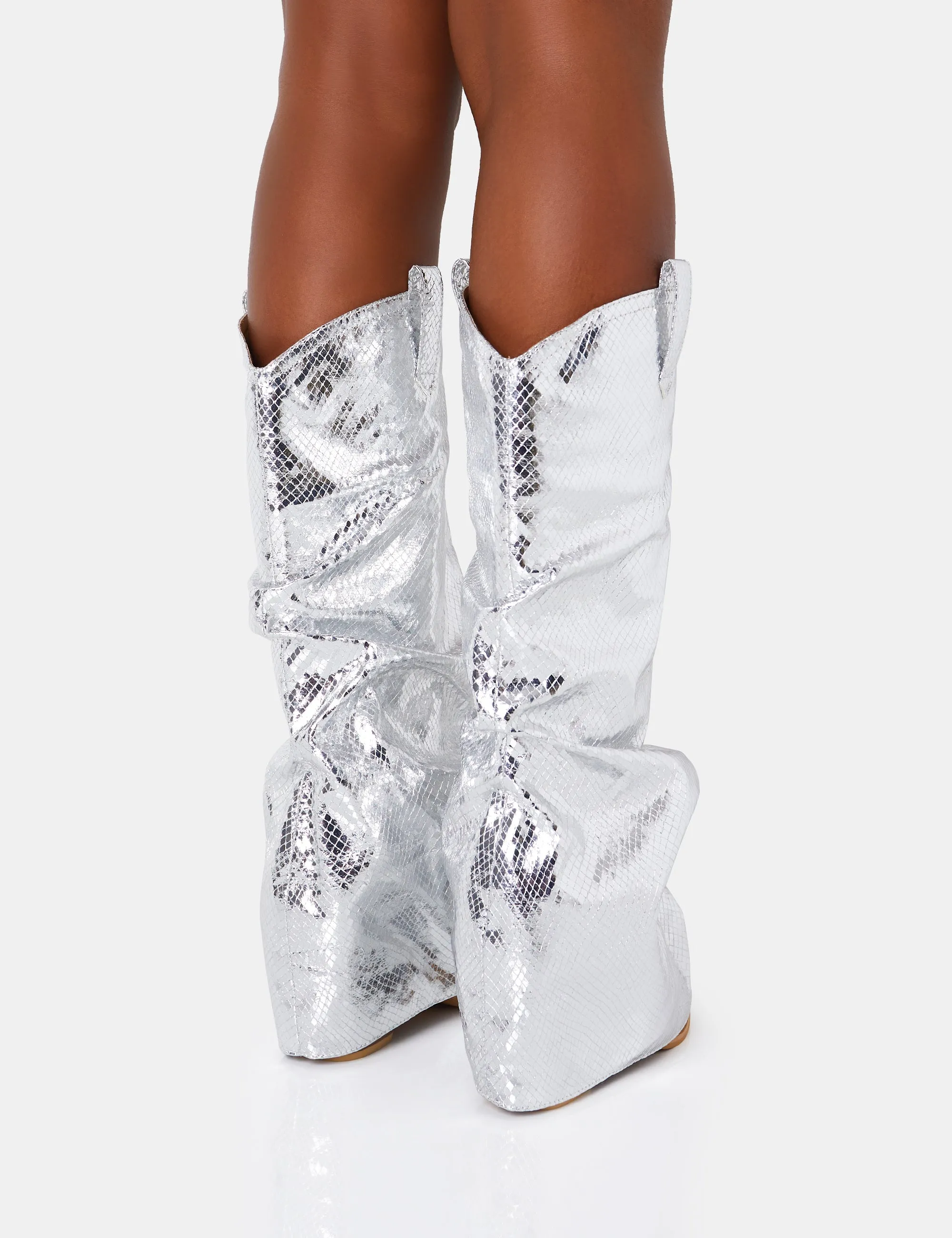 Sheriff Silver Metallic Western Fold Over Block Cowboy Knee High Boots