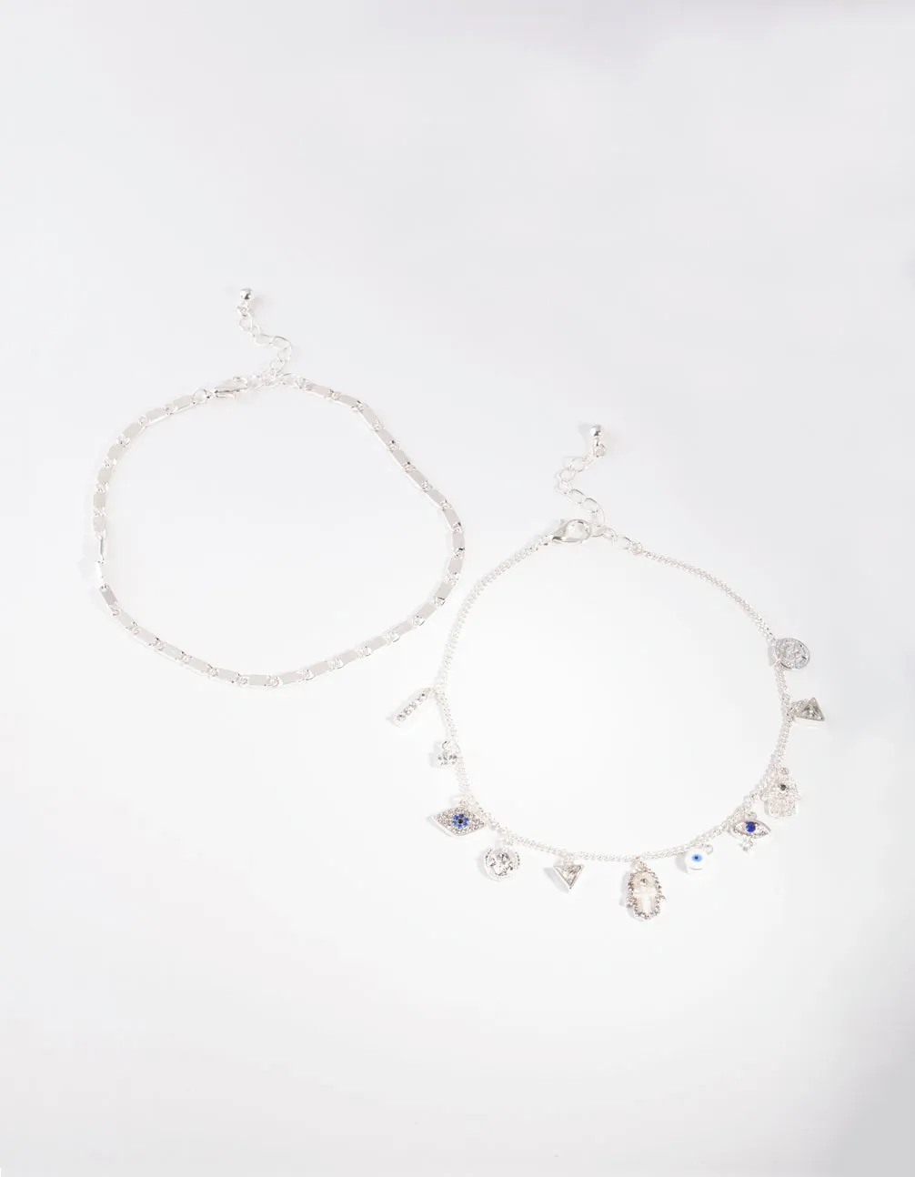 Silver Evil Eye Charm Anklet Set