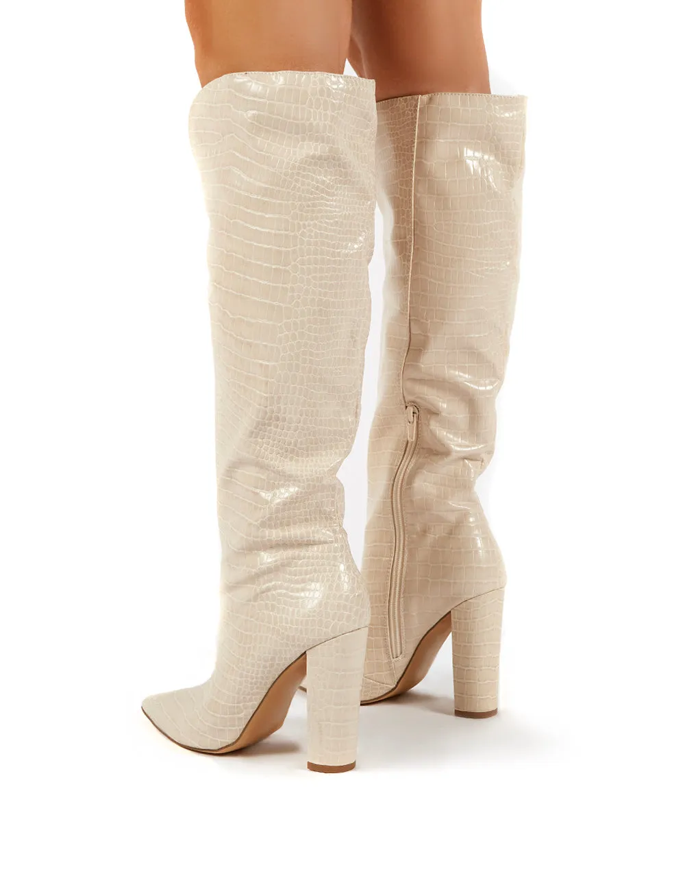 Slow Nude Croc Knee High Block Heel Boots