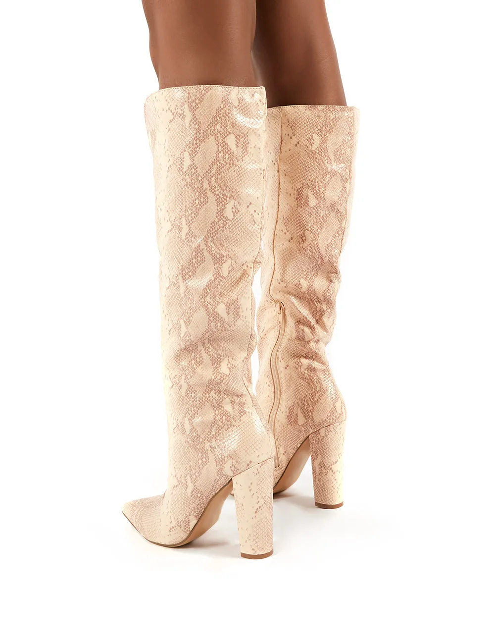 Slow Pink Snake Knee High Block Heel Boots