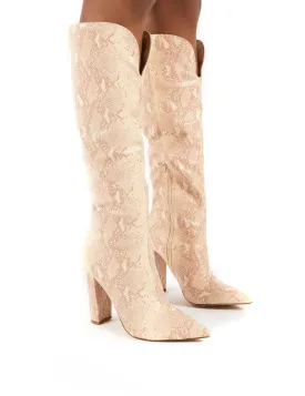 Slow Pink Snake Knee High Block Heel Boots