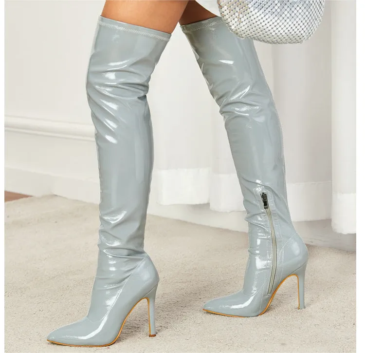 Soft Patent Leather Elastic Over Knee Boots