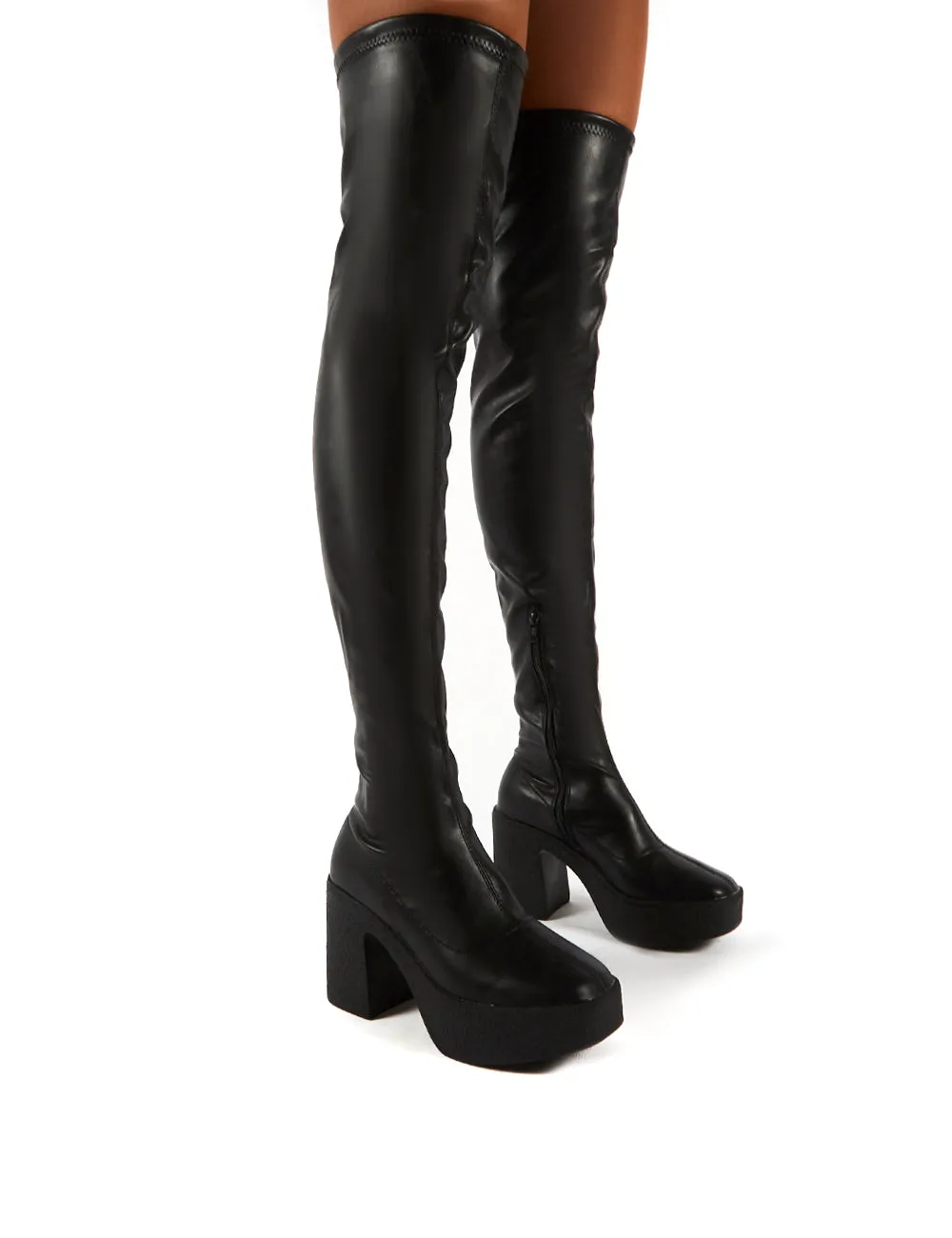 Superb Black PU Block Heeled Over the Knee Boots