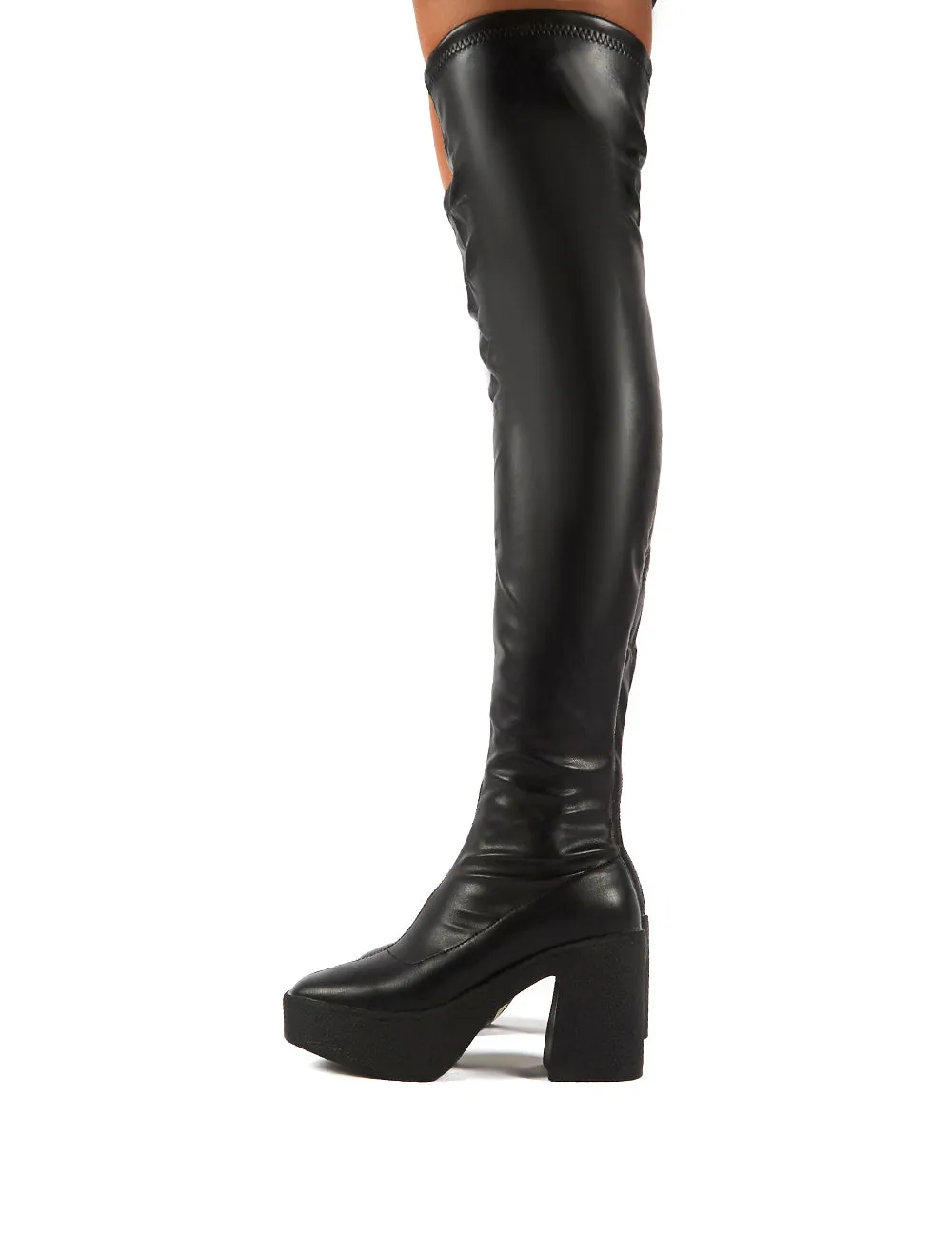 Superb Black PU Block Heeled Over the Knee Boots