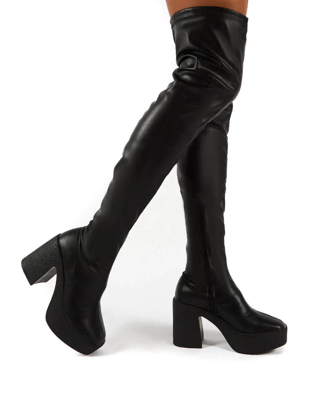 Superb Black PU Block Heeled Over the Knee Boots