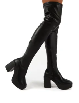 Superb Black PU Block Heeled Over the Knee Boots