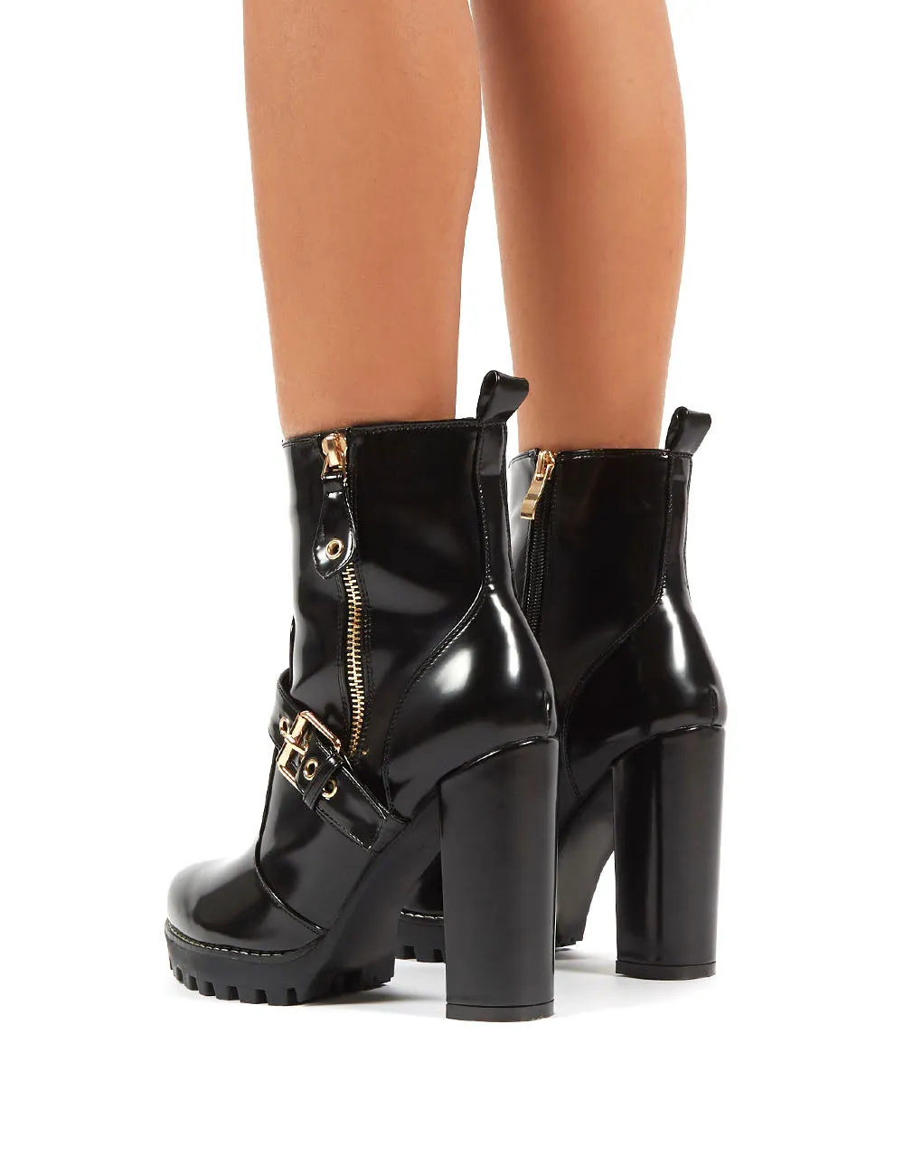 Tiki Blac Patent Rose Gold Buckle Detail High Heeled Ankle Boots