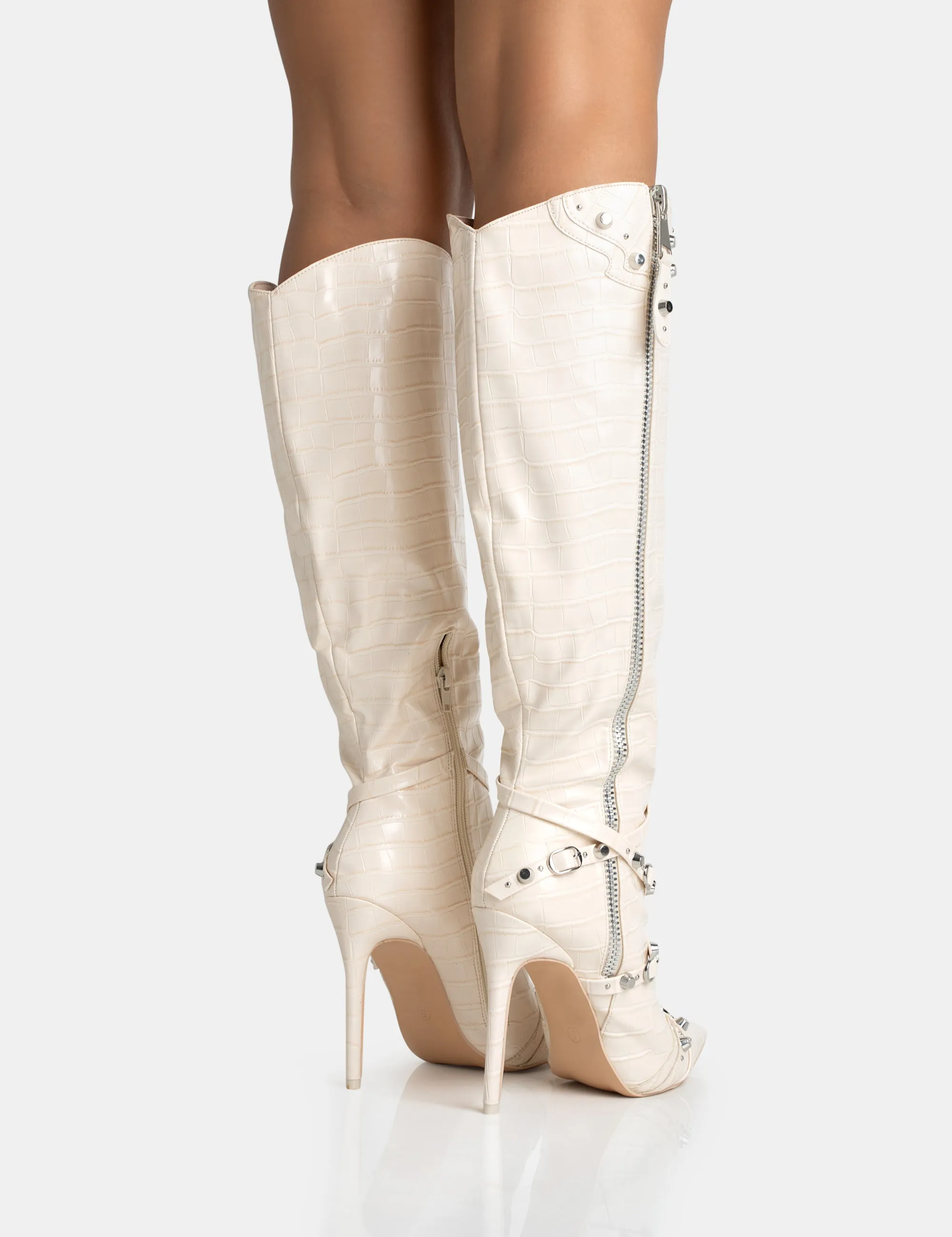 Worthy Ecru Croc Studded Zip Detail Pointed Stiletto Knee High Boots