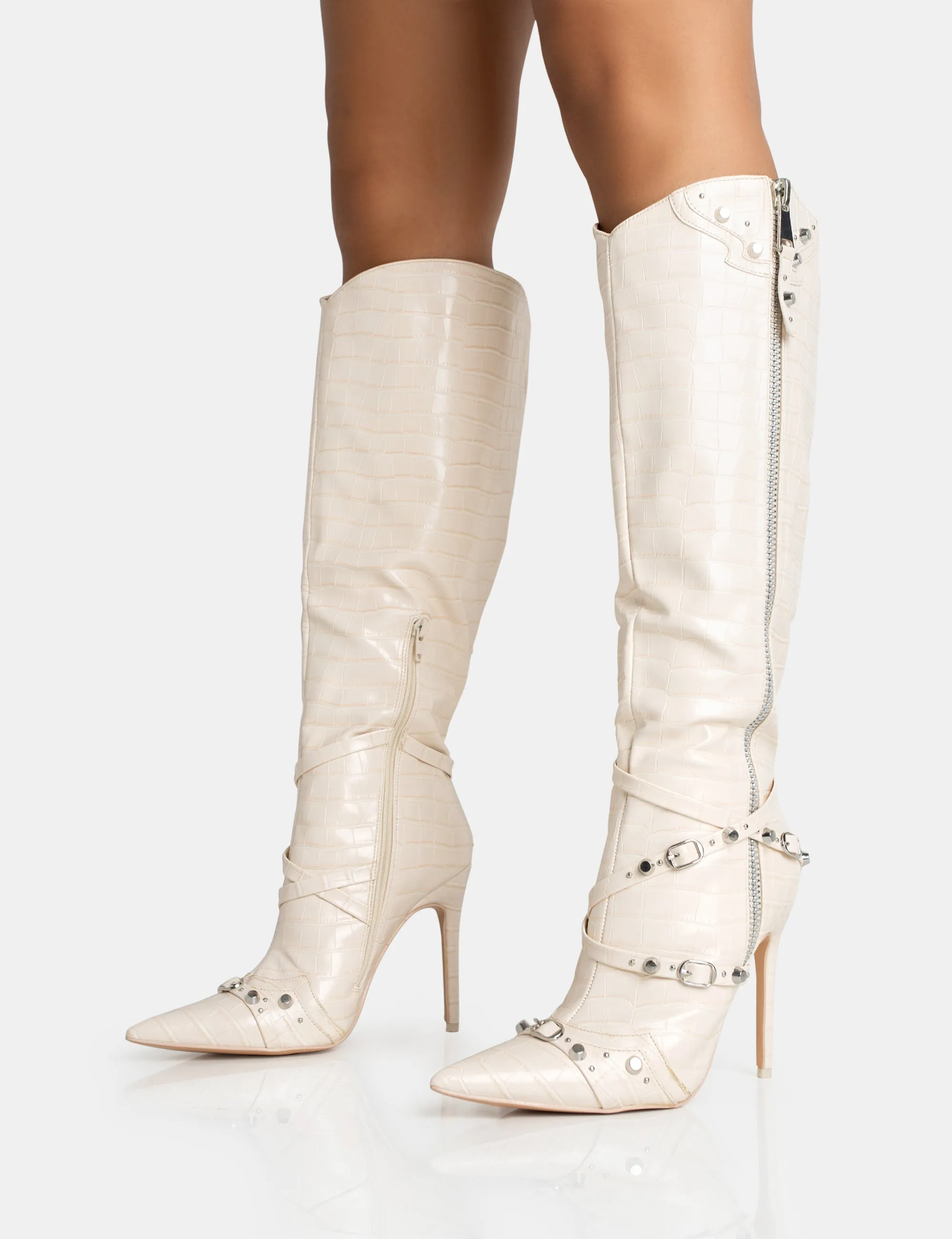 Worthy Ecru Croc Studded Zip Detail Pointed Stiletto Knee High Boots