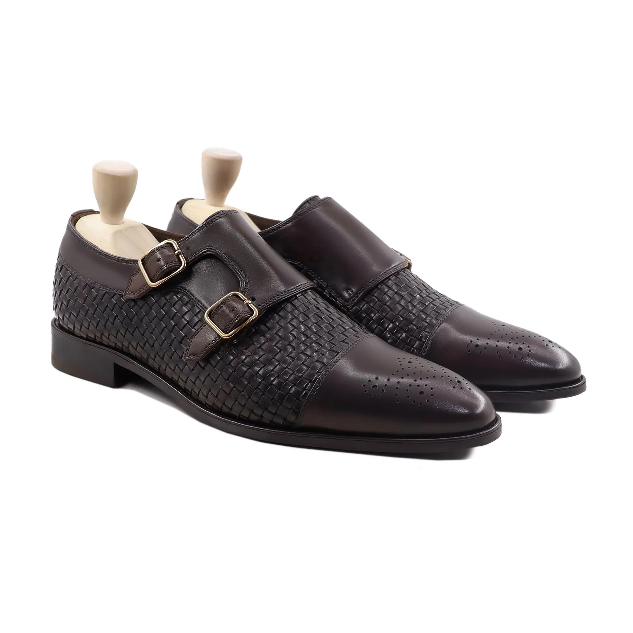 Wovand - Men's Dark Brown Hand Woven Calf Leather Double Monkstrap