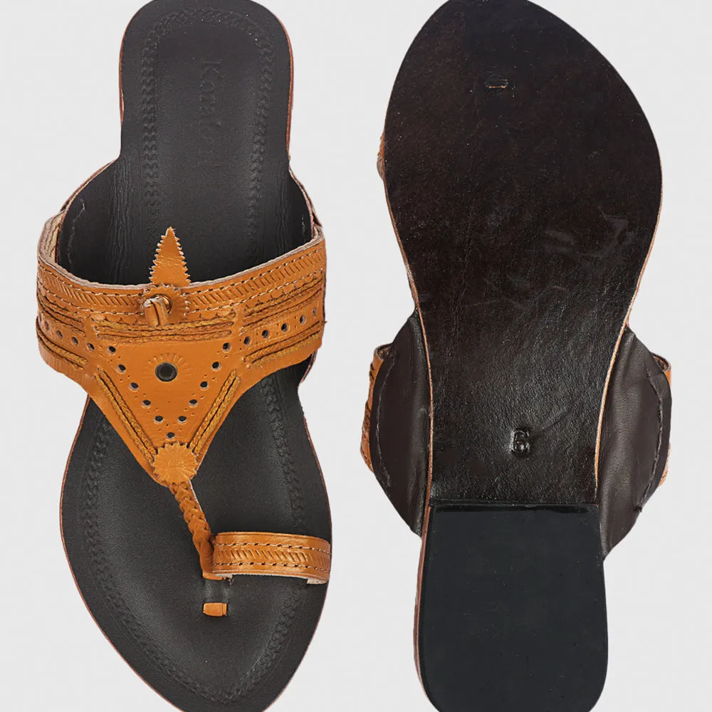 Yellow & Brown Handstitched Leather Kolhapuri Women Slipper