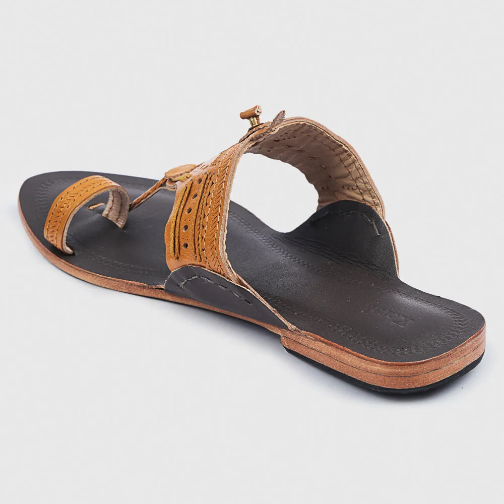 Yellow & Brown Handstitched Leather Kolhapuri Women Slipper