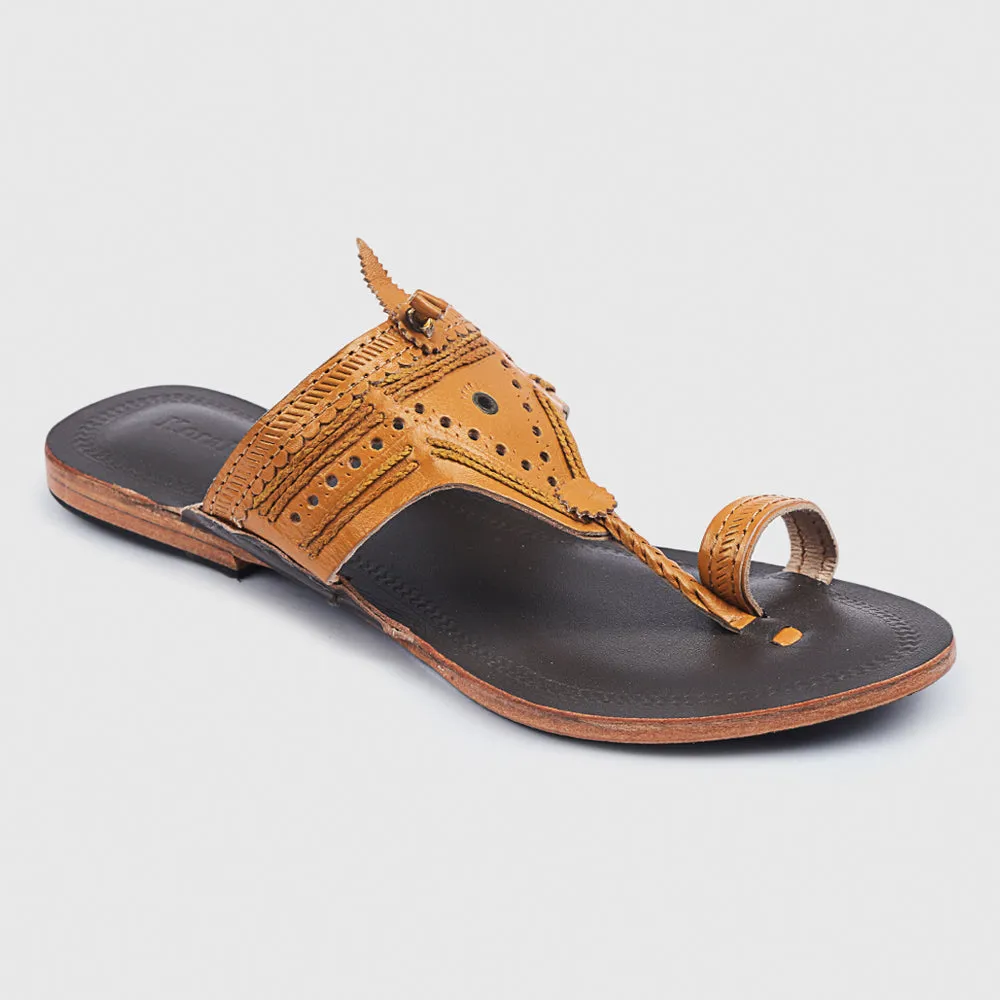 Yellow & Brown Handstitched Leather Kolhapuri Women Slipper