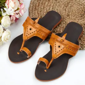 Yellow & Brown Handstitched Leather Kolhapuri Women Slipper